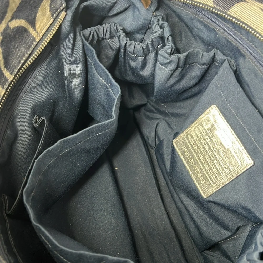 Coach XL Denim Blue and Silver Leather Zip Top Diaper Tote Travel Bag